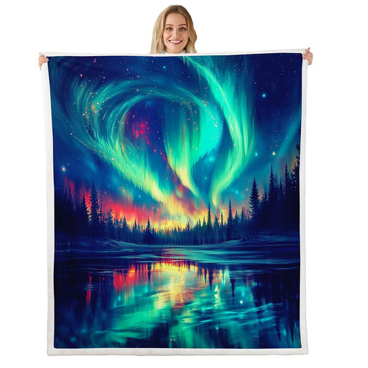 Natural Aurora Fleece Blanket Dreamy Galaxy Arctic Aurora Sherpa Blanket Twin Size Gradient Starry Sky Fuzzy Plush Throw For Kids Adult Women Green Blue Tranquil Night Sky Decor For Sofa Couch