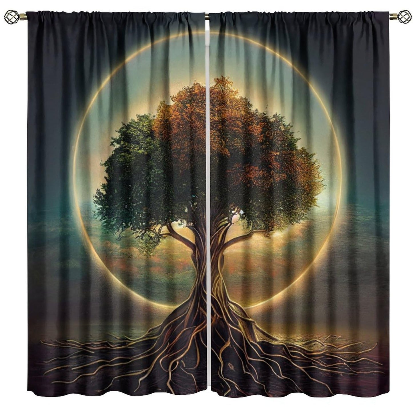 HZOHNAGO Tree of Life Curtains Vibrant Golden Forest Grassland Pattern Print Decor Rod Pocket Window Drapes for Bedroom Living Room 42x45in