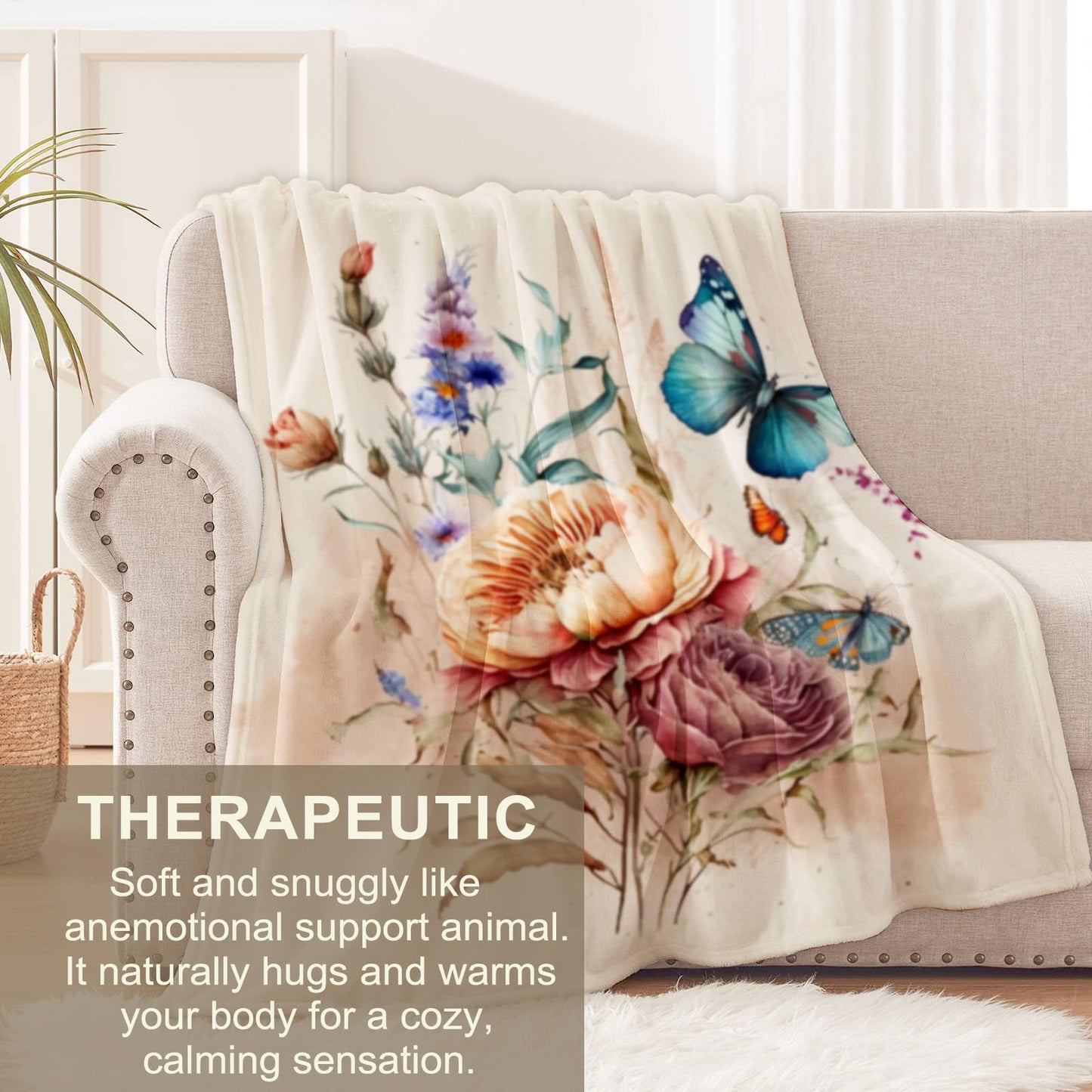 Flannel Butterfly Blanket for Girls Women, Floral Peony Throw Blanket for Sofa Couch Bed Living Room, Soft Warm Cozy, 60" x 50"