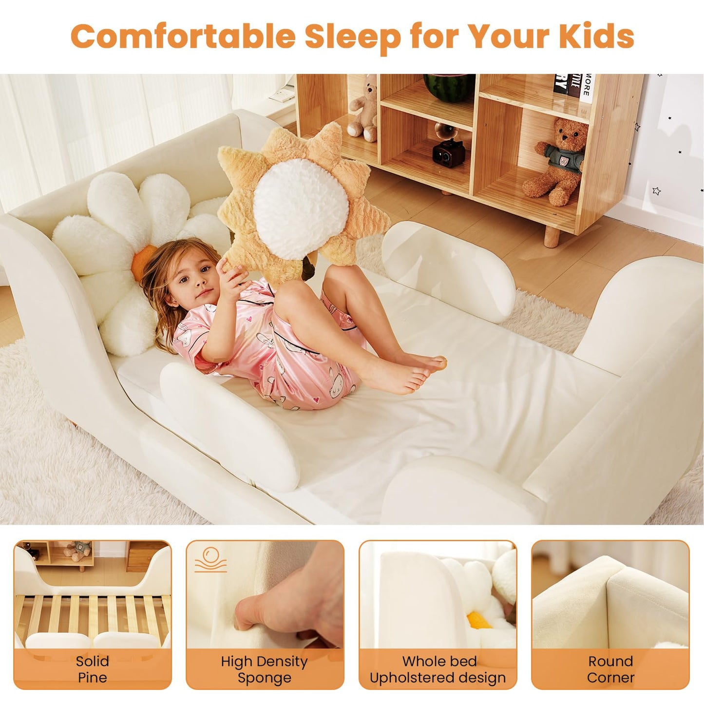 Meulbaty Toddler Bed, Toddler Floor Bed Frame with Wood Slats, Small Beds with Removable Safety Guardrails, Standard Crib Size Kids Bed for Girl and Boy, White