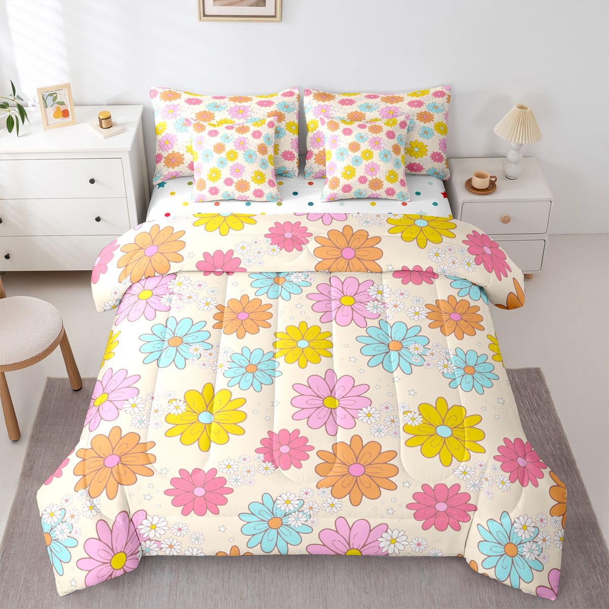 Erosebridal Cartoon Flower 7 Pcs Bedding Set Twin Size for Teen Girls Cute Floral Comforter Set with Sheets for Kids Young Women Blue Yellow Pink Bed in A Bag Kawaii Daisy Bed Sets All Season