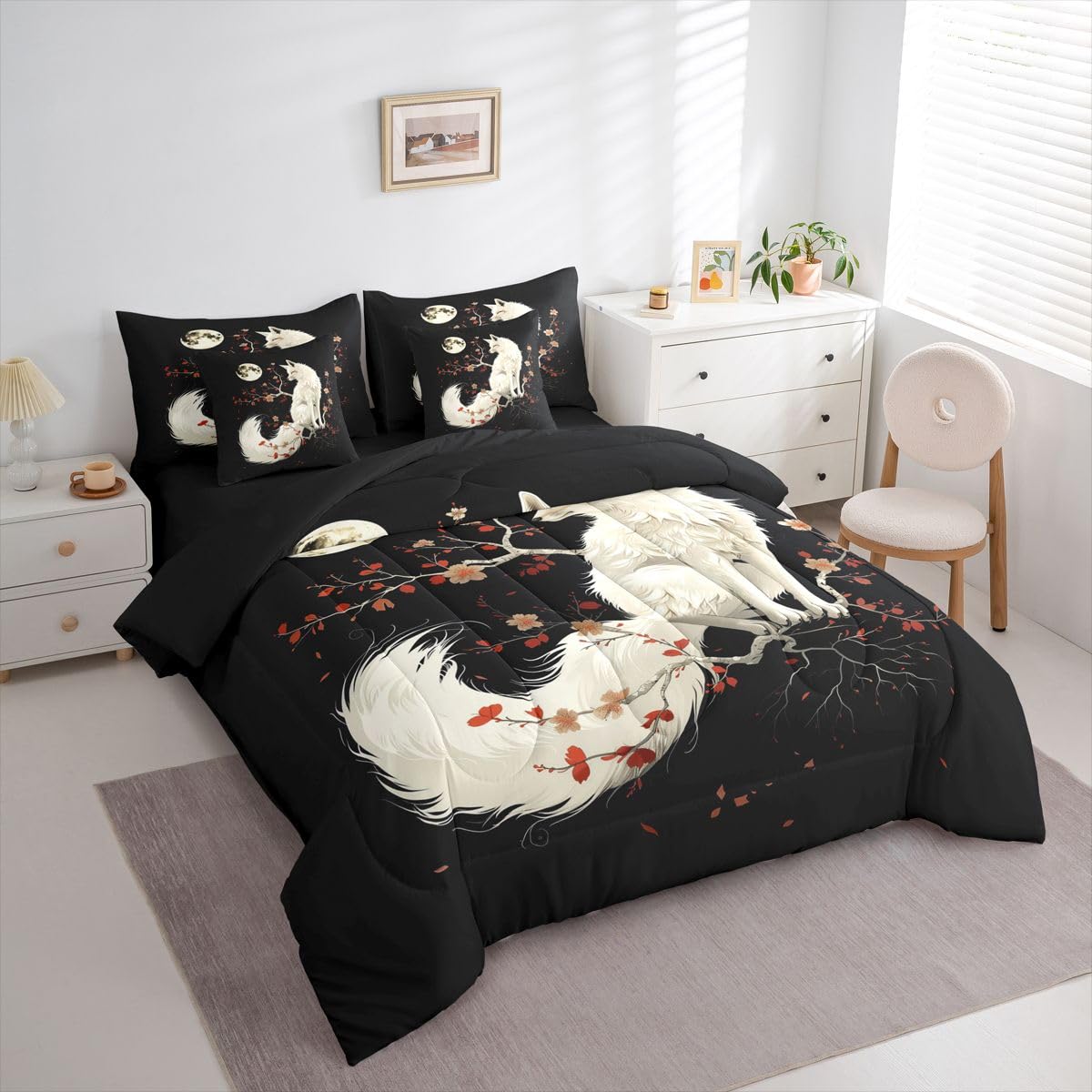 7 Pieces Twin Size White Fox Comforter Set,Japan Ukiyo-e Cherry Blossom Bedding Set for Boys Girls,Exotic Animal Rustic Farmhouse (Comforter+Fitted+Flat Sheet+2 Pillowcases+2 Throw Pillow Covers)