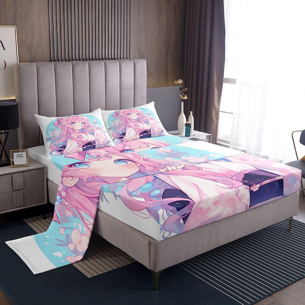 Erosebridal Girls Bed Sheets Set Japanese Style Sheet Set Twin, 3D Anime Girl Sheets Cartoon Kawaii Kimono Girl Top Fitted Sheet Romantic Gifts for Her (1 Top Sheet 1 Fitted Sheet 1 Pillow Case)