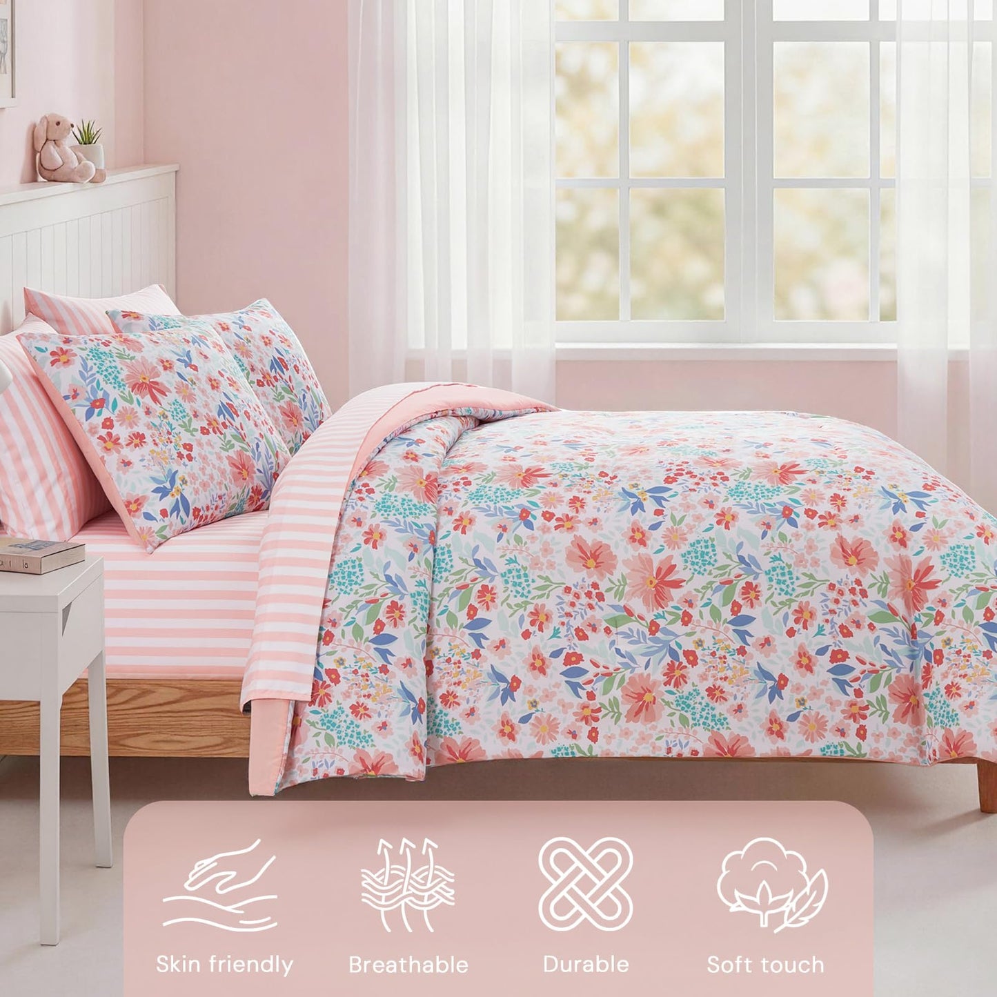 Kaleido Space Twin Comforter Set for Girls Kids - 5 Pieces Pink Flowers Patterns Twin Bedding Sets for Girls Teen, Soft Cozy Bed in a Bag with Sheets