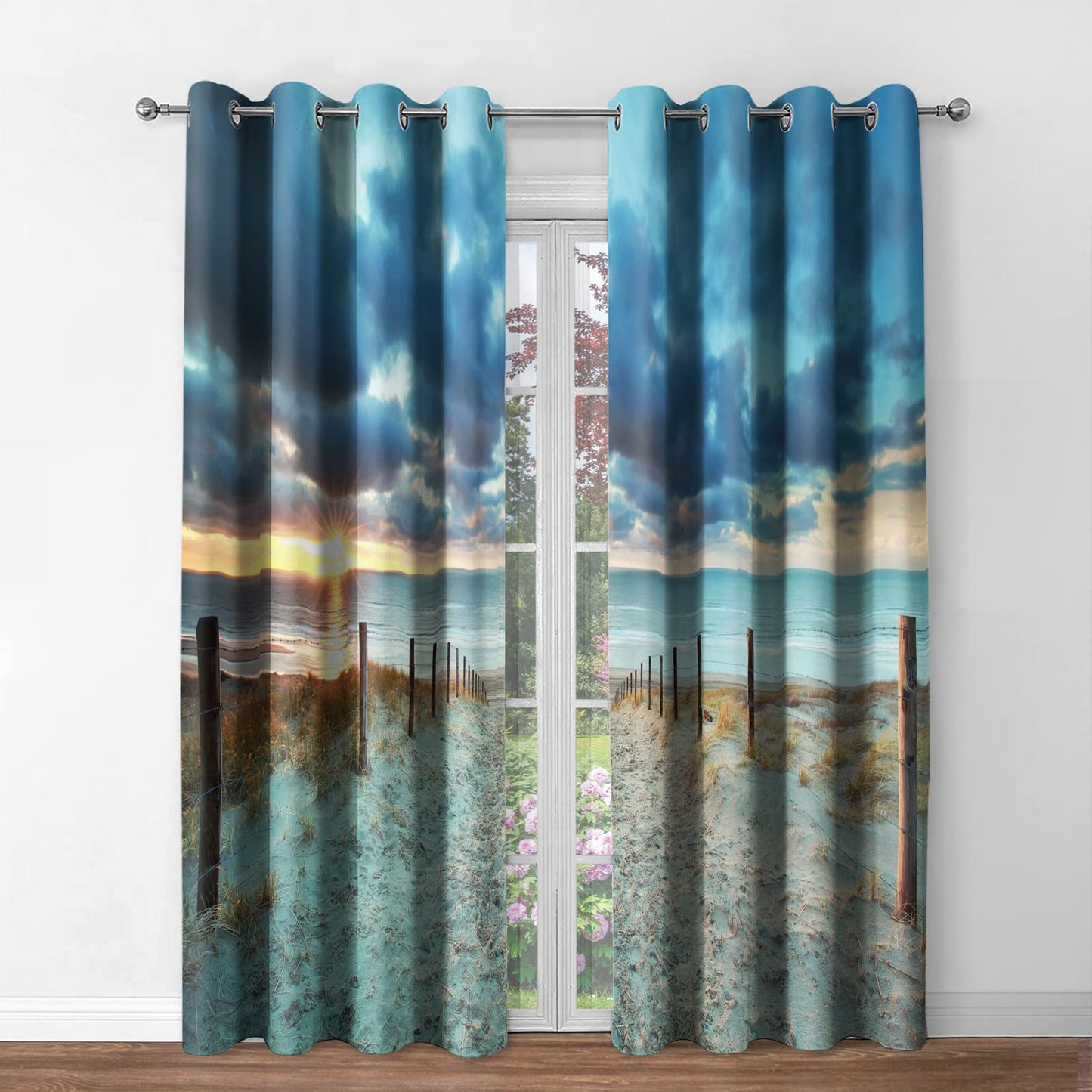 Jekeno Costal Beach Blackout Curtains - Ocean Sunrise Sunset Natural Sky Sea Sand Landscape Print Decor Bedroom Living Room Darkening Grommet Window Drapes 2 Panels Set,52"x 84"