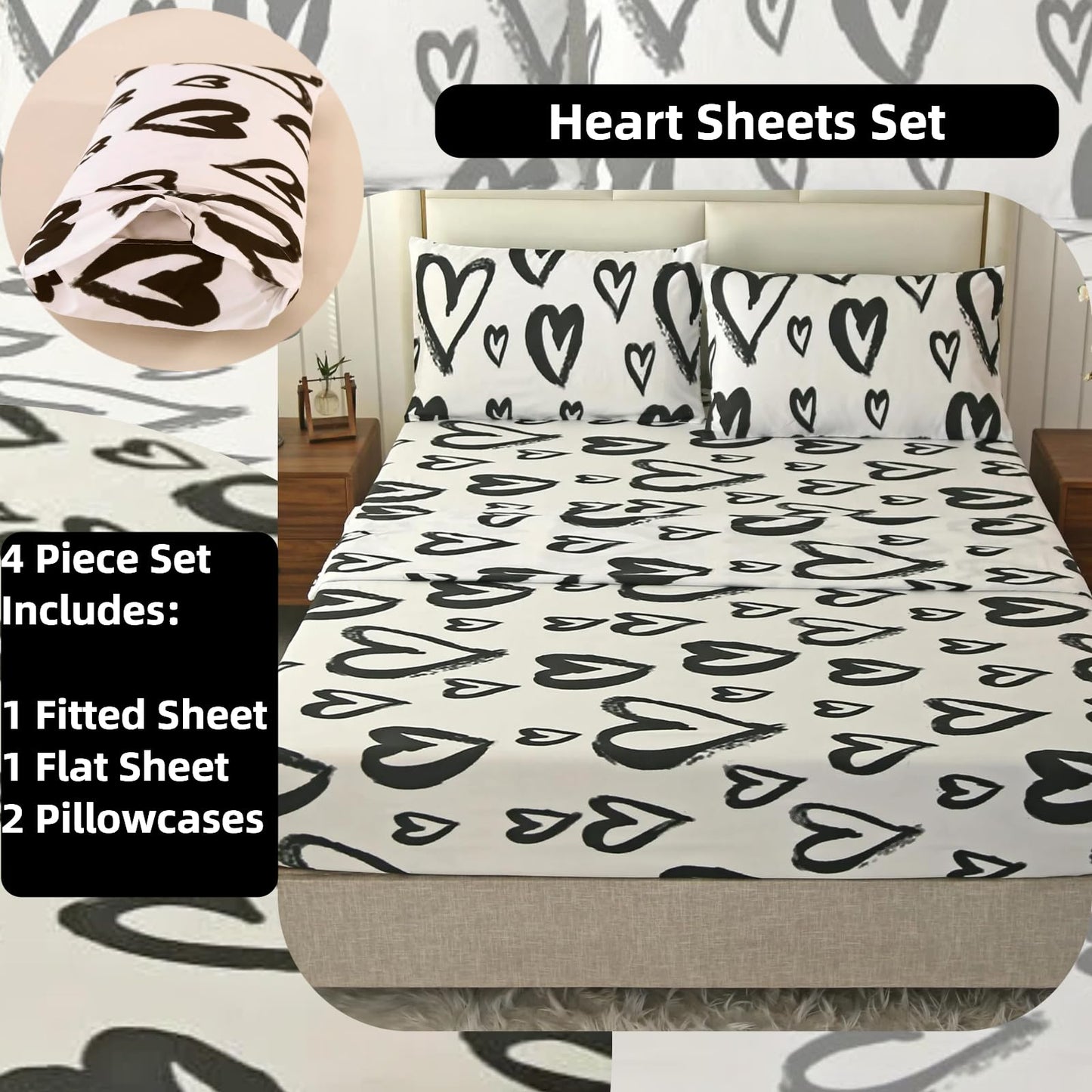 SDIII 4 Pieces Love Heart Sheets Set Twin, Soft Microfiber Black and White Heart Sheets Twin, Romantic Hearts Bedding Sheet Shrink and Fade Resistant
