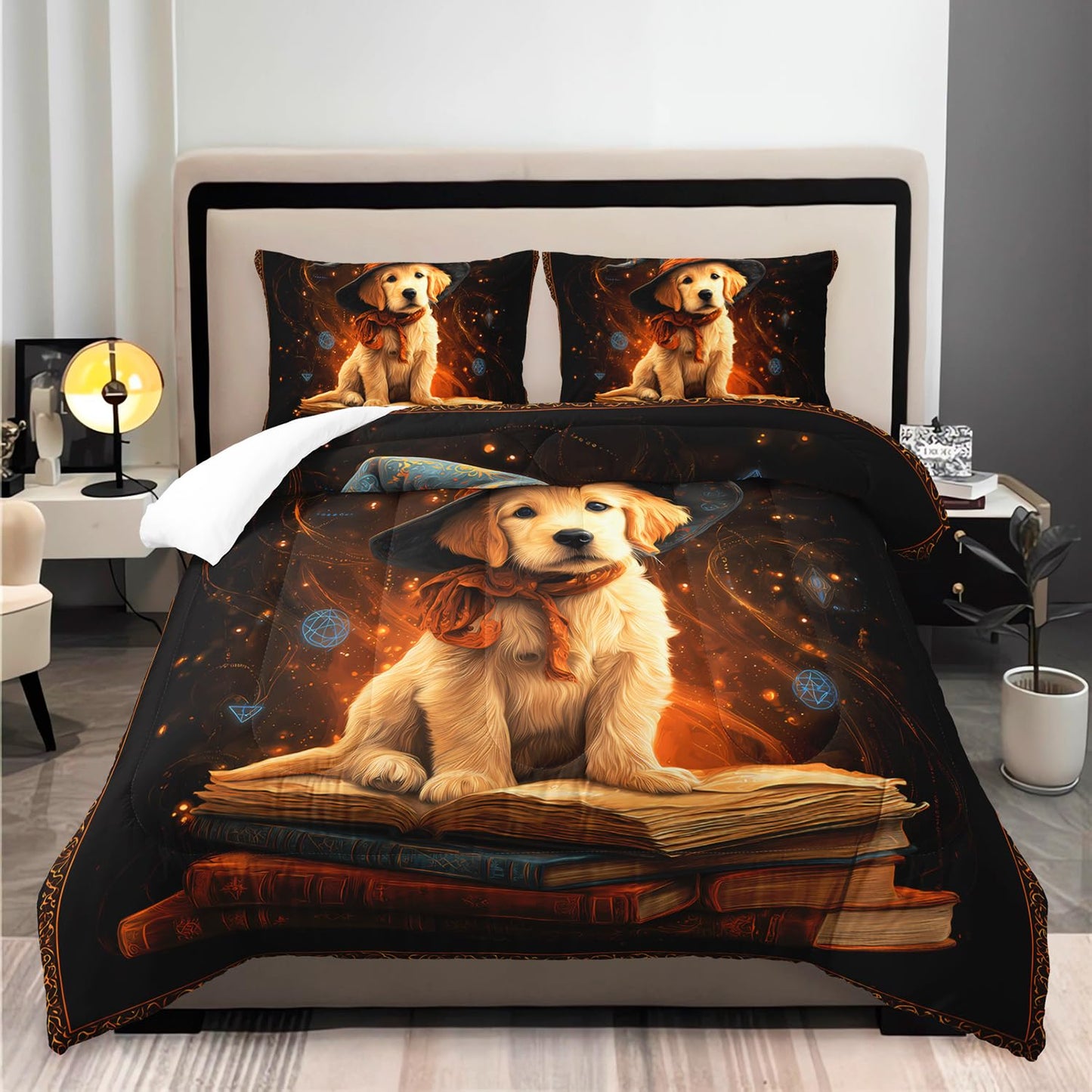 XYNHML Kawaii Retriever Dog Comforter 3Pcs Twin Lovely Wizard Hat Puppy Bedding Set for Kid Teen Girl Boy Teen Adult Wild Animal Mysterious Magic Book Quilt Bed Decor with 1 Comforter & 2 Pillowcases