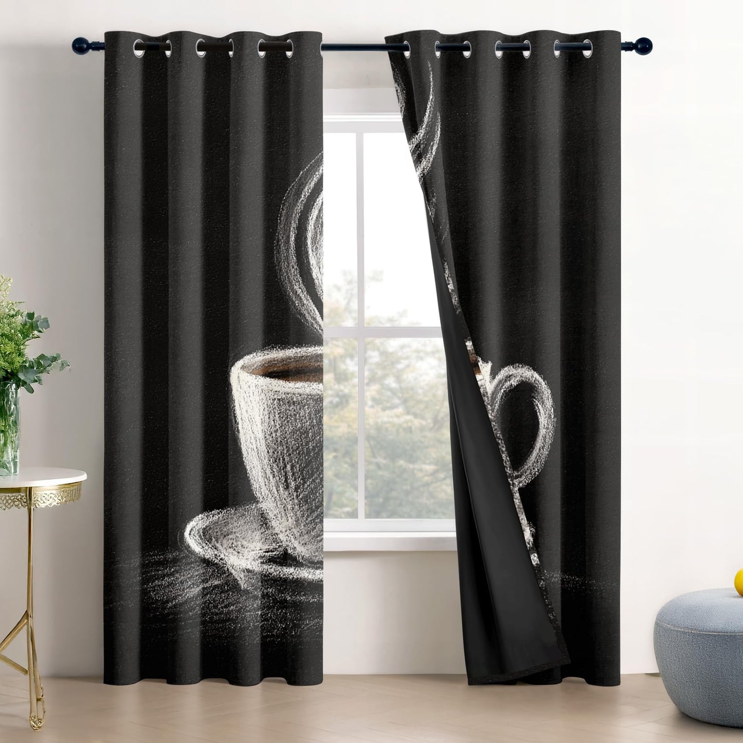 Solvivae Coffee Curtains Blackout, Room Darkening Thermal Insulated Grommet Drapes for Bedroom Living Room, Vintage Coffee Cup Patterned Window Treatments, 96 Inch Curtains 2 Panel Set