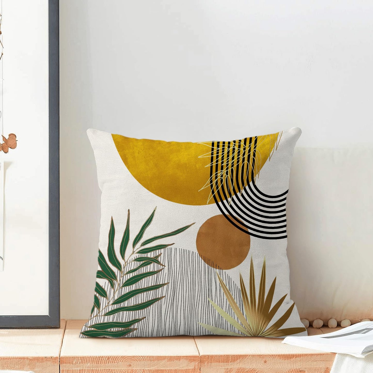 Boho Pillow Covers 16x16 Inch 2 Pcs,Mustard Yellow Green Tropical Leaf Summer Outdoor Decorative Throw Pillows,Mid Century Abstract Farmhouse Decor Pillowcase Linen Cushion Cover for Couch Sofa