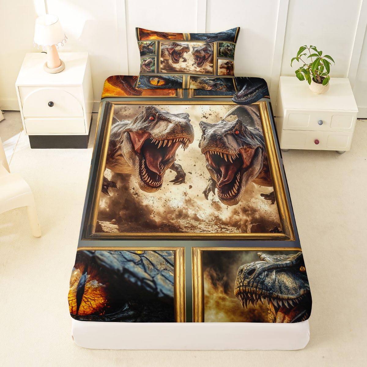 Feelyou Dinosaur Bed Sheets Sets Twin Size Kids Boys Girls 3D Digital Print Bedding Set Jungle Dino Bed Sheet Set with 16-Inch Deep Pockets Blue Orange White Yellow 3Pcs with 1 Pillow Cases Wildlife
