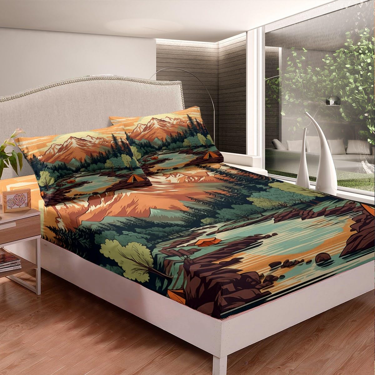 Mountain River Fitted Sheet Twin Size,Retro Adventure Theme Sheet Set 2Pcs,Nature Scenery Tent Printed Bedding Set for Kids Boys Girls Room Decor,Camping Style Luxury Bed Sheet,1 Pillowcase