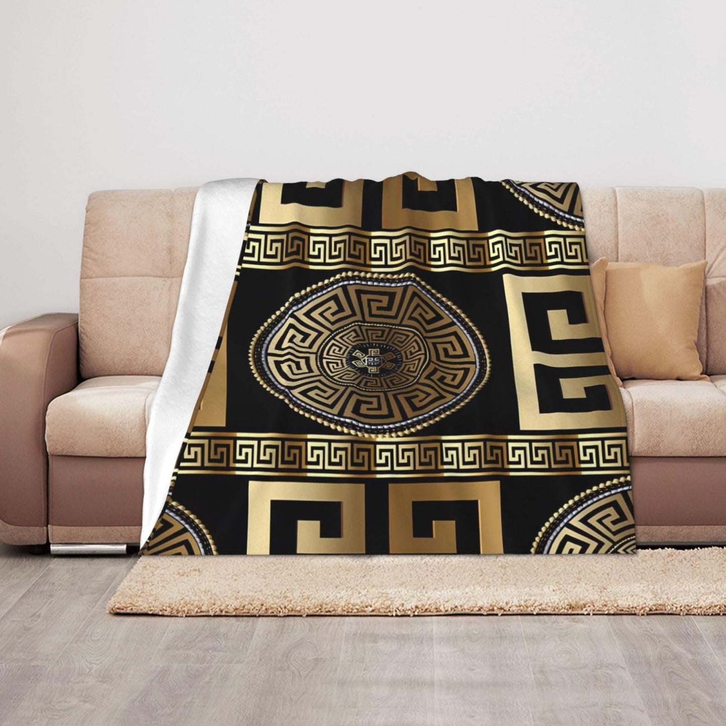 Retro Black Gold Greek Key Meander Luxury Blanket Throw Bedding Room Decor Flannel Blankets for Bedroom Living Rooms Warm All Season 50"X40"