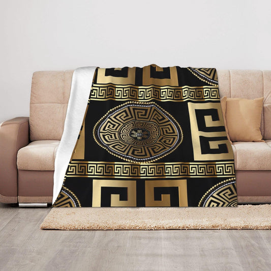 Retro Black Gold Greek Key Meander Luxury Blanket Throw Bedding Room Decor Flannel Blankets for Bedroom Living Rooms Warm All Season 50"X40"