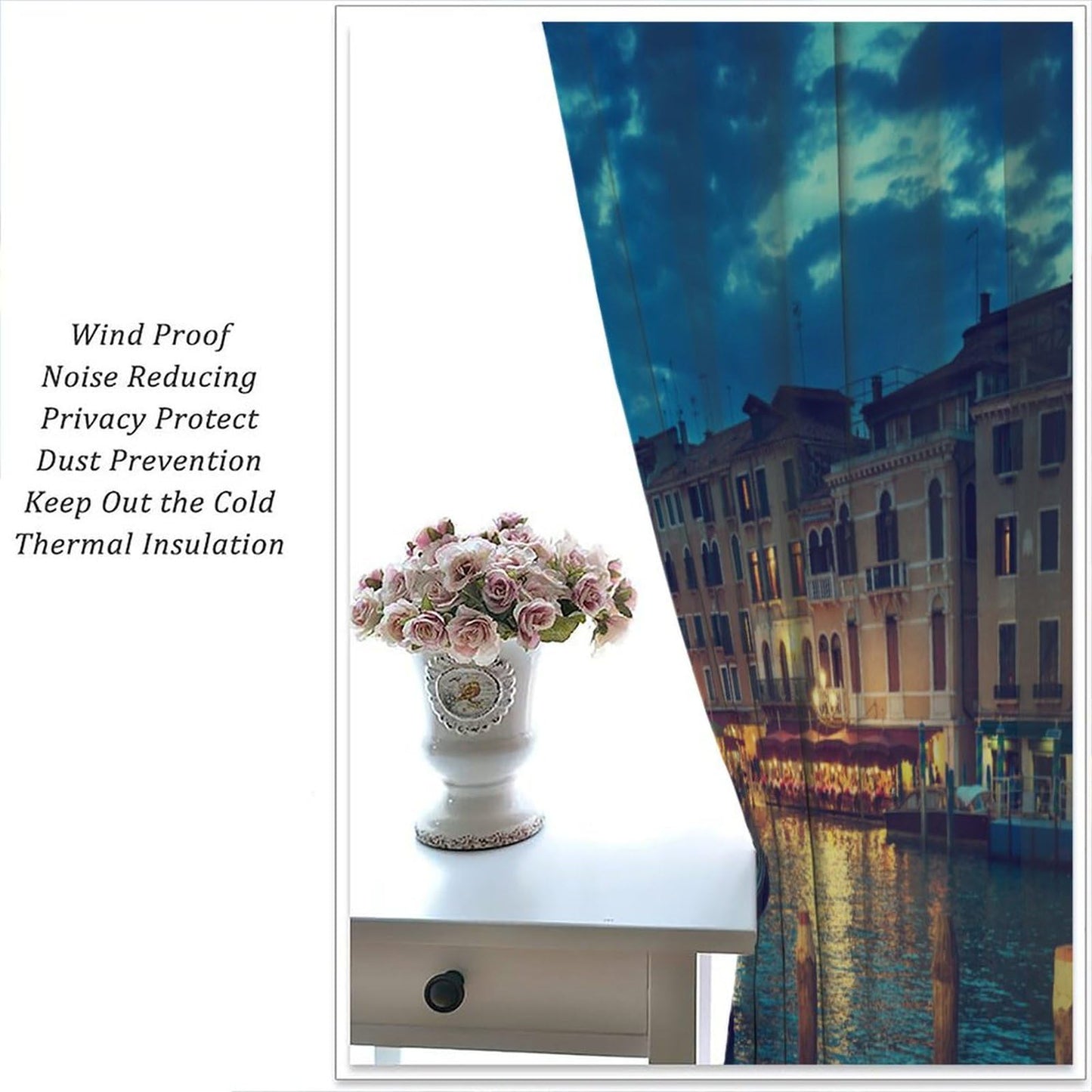 Venice Night Curtains, Night View of Architectural Waterways in Italian Cities in Europe Decor Windows Treatments, Thermal Insulation Rod Pocket Drapes For Boys Girls Bedroom Living Room 42x45in