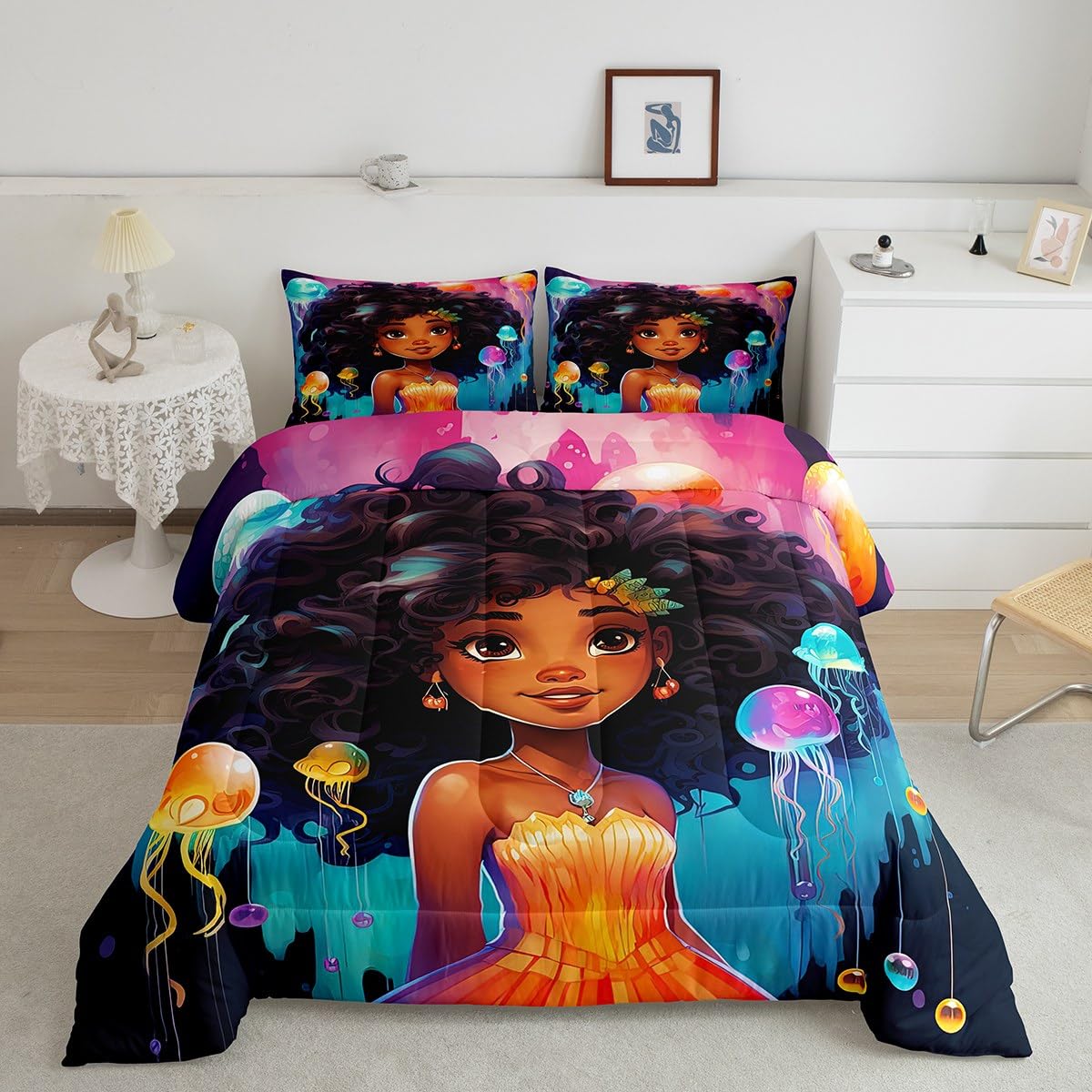 Erosebridal Black Girls Bedding Set Afro Girl Twin Comforter Set for Girls,American African Mermaid Princess Magical Quilt for Toddler Kids Teenager,Jellyfish Kawaii Room Decor