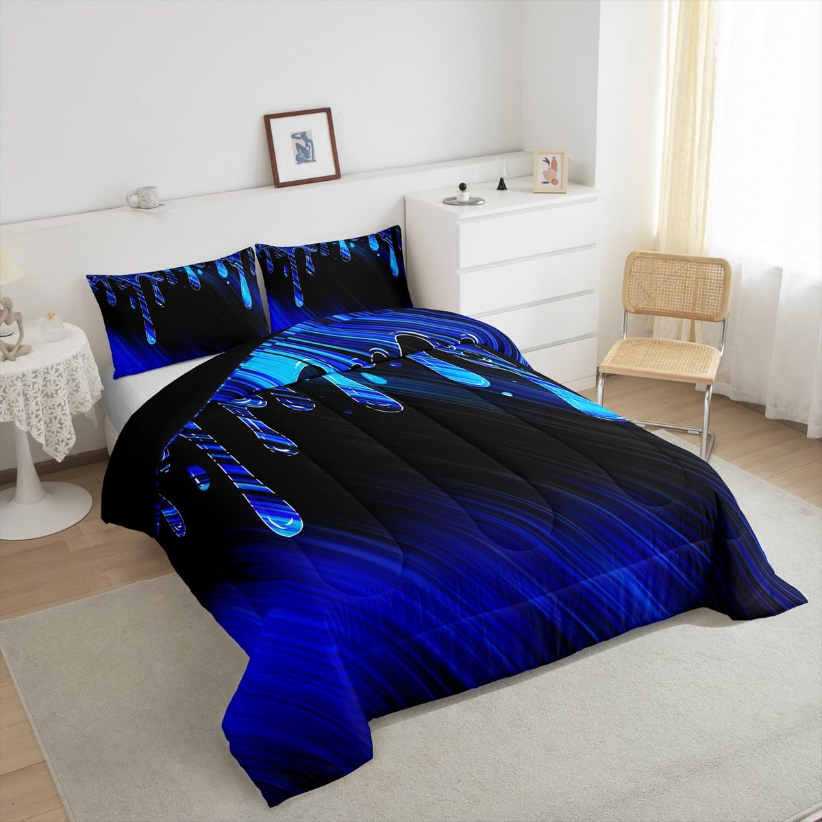 Feelyou Abstract Bedding Set Kids Ombre Blue Black Reversible Comforter Set Modern Art Comforter for Women Men Room Decor Drop-Shaped Duvet Set Full Size with 2 Pillow Case