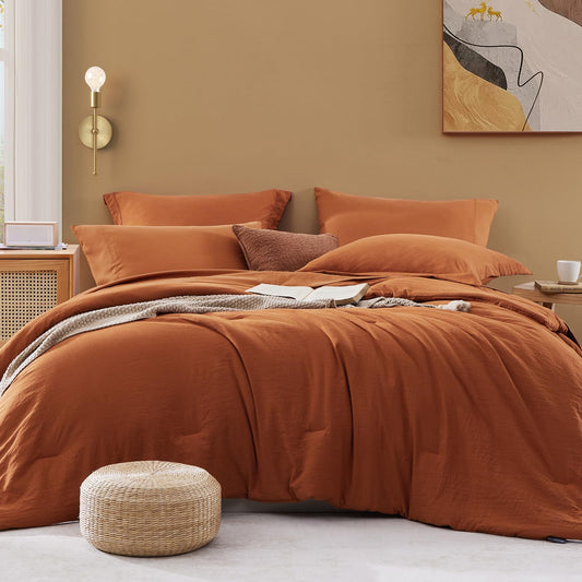 WRENSONGE Queen Comforter Set- 7 Pieces Soft Burnt Orange Bed in a Bag with Fitted Sheet, Flat Sheet, 2 Shams, and 2 Pillowcases-Warm Bed Sets Fall Comforter for All Seasons