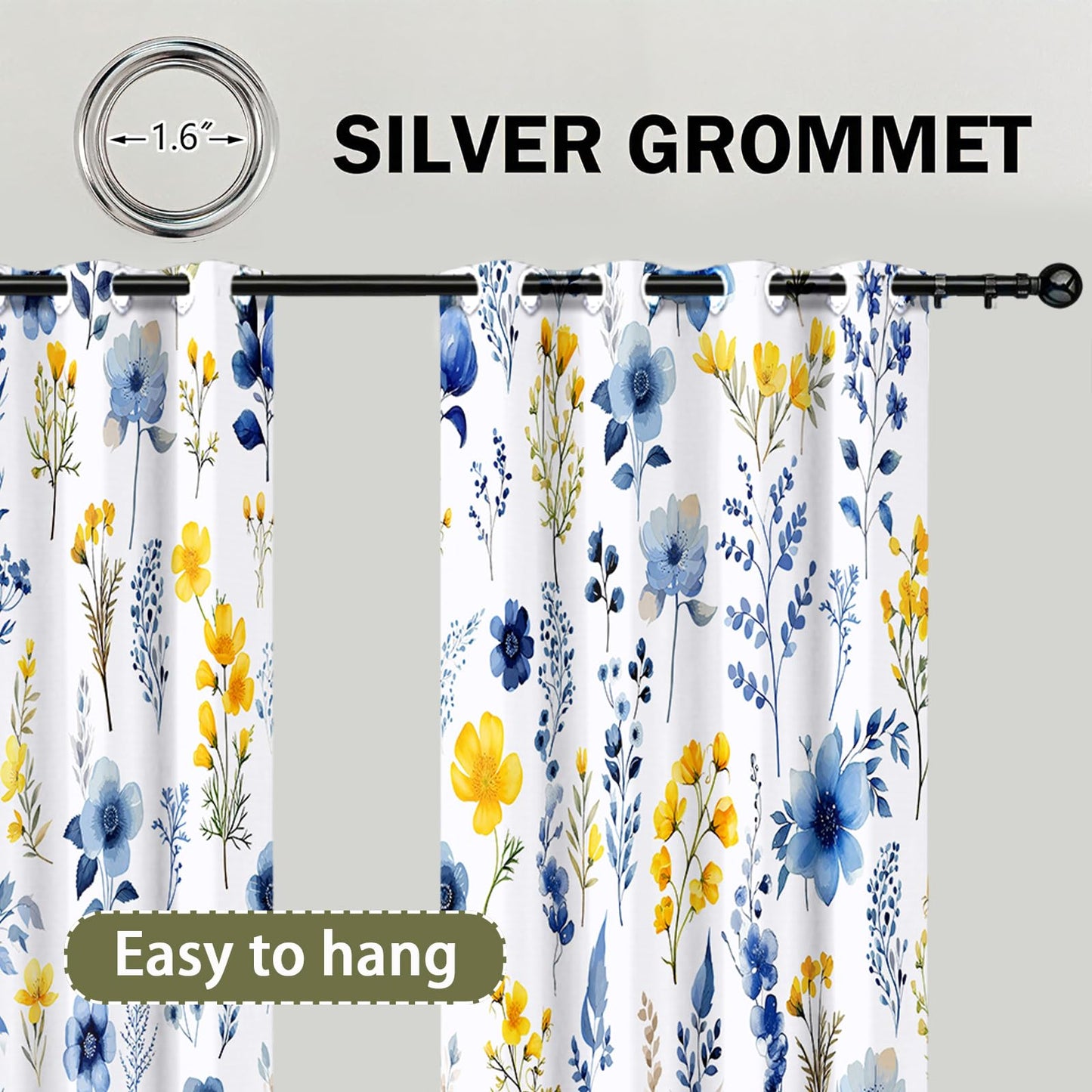 WTQPLNMCB Floral Curtains 84 inch Curtains 2 Panel Set for Living Room Yellow and Blue Darkening Light Blocking Drapes Grommet for Bedroom Bathroom