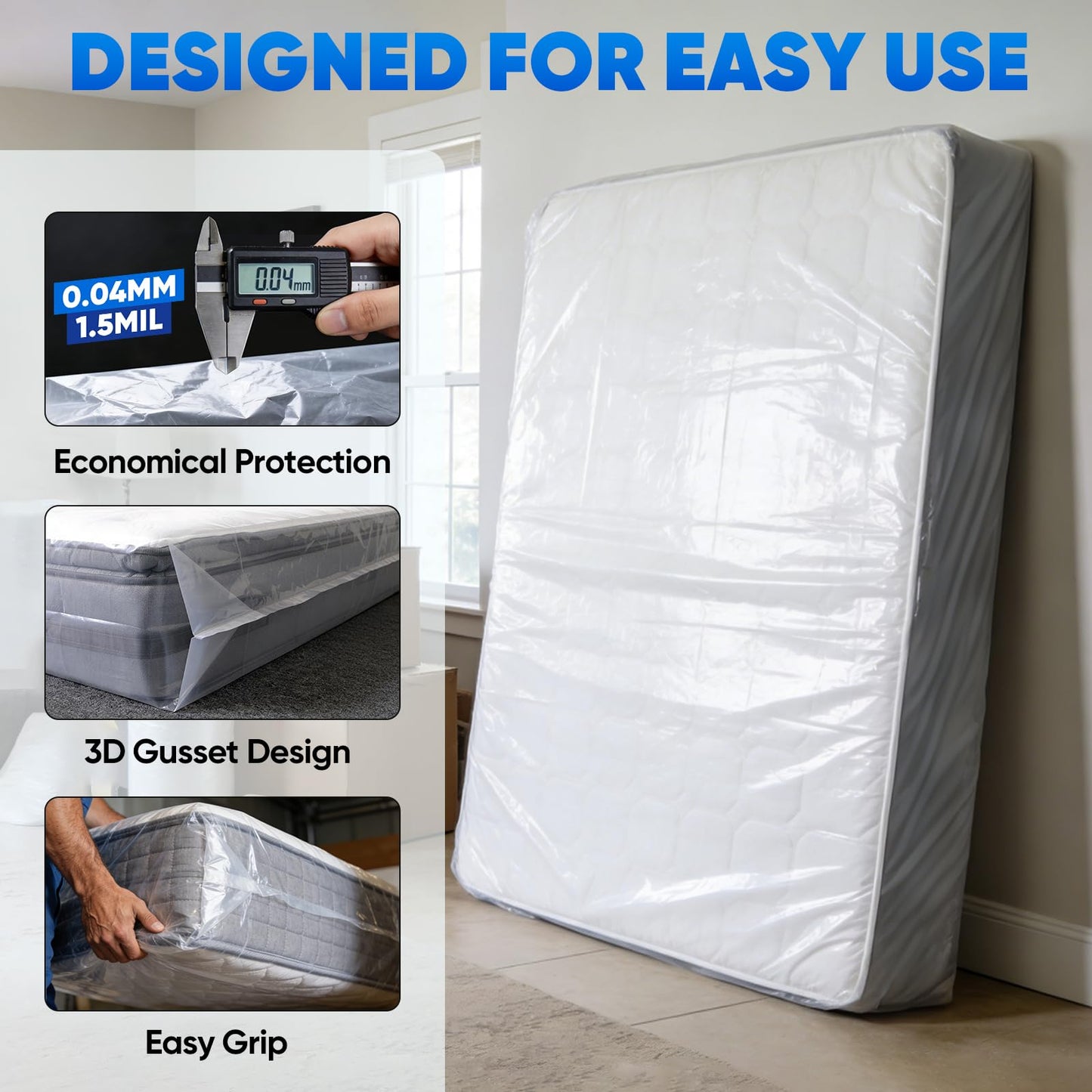TICONN 2PK Plastic Mattress Bag for Moving Storage, Waterproof Mattress Protector Cover, Heavy-Duty Mattress Moving Supplies (1.5 mil, Queen)