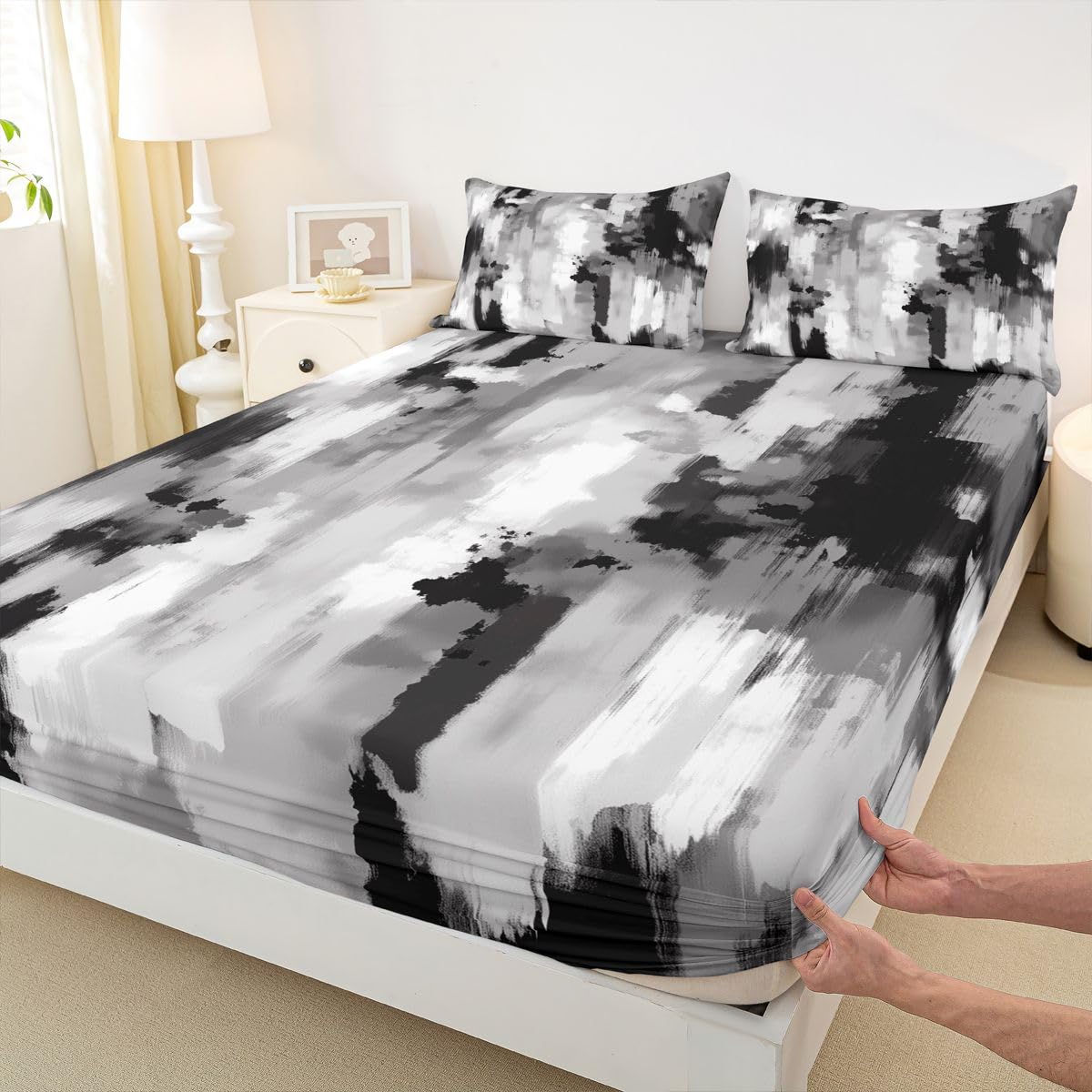 Feelyou Abstract Fitted Sheet Queen Size for Kids Boys Girls Modern Abstract Bed Sheets Set 16" Deep Pocket Soft Breathable Microfiber Blck White Bedding with 2 Pillowcases Room Decor