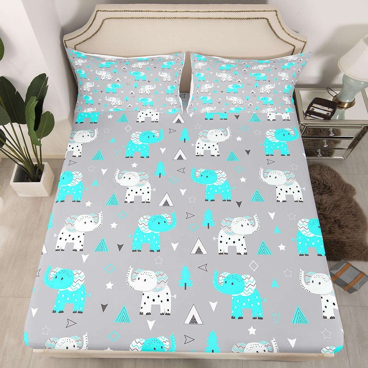 Erosebridal Cartoon Elephant Bed Sheets Full | Zoo Animal Sheet Set for Kids Boys Girls Wildlife Sheets Kawaii Animals Geometric Flat Fitted Sheet 3 Pcs