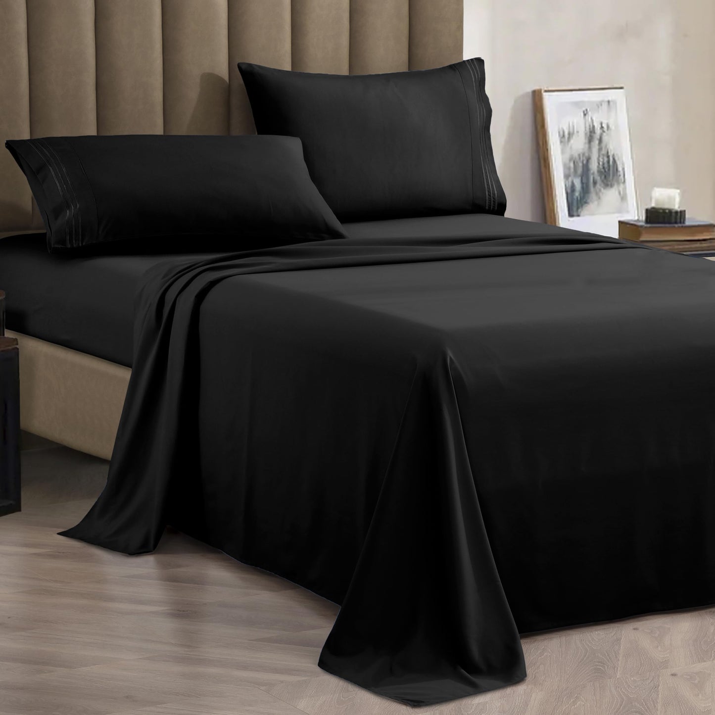 CELINE LINEN Premium 1800 Hotel Quality Wrinkle-Resistant 4-Piece Microfiber Sheet Set - Luxury Ultra Soft and Breathable Bedding 16 Inch Deep Pocket 4PC Sheet Set, King, Black