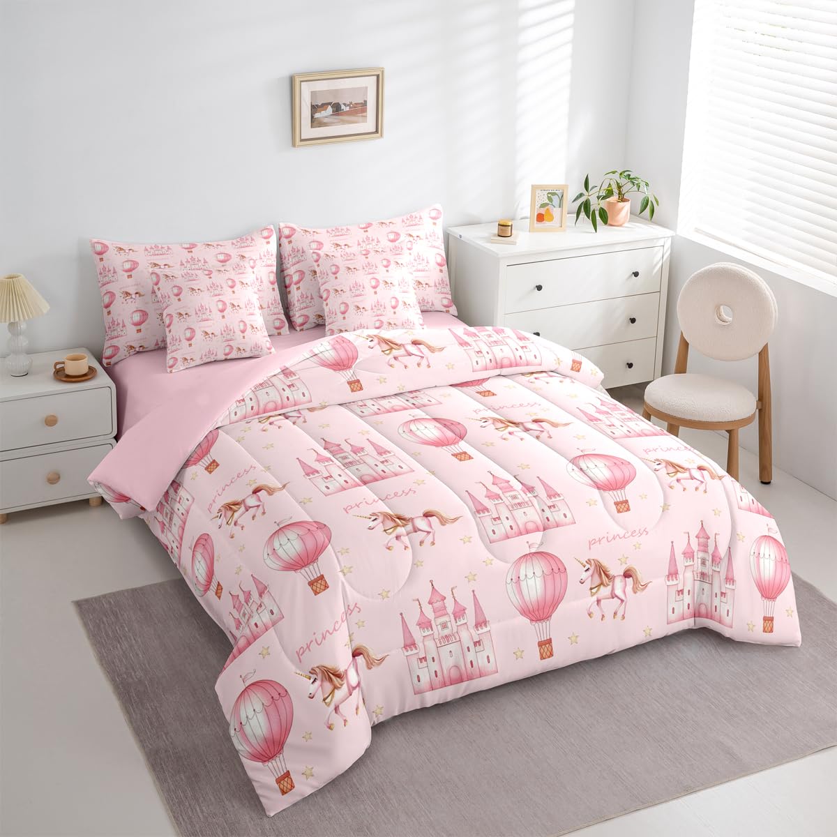 Feelyou Castle Comforter Set Queen Size 7 Pieces Princess Style Bedding Set Cute Bed in a Bag with Comforter, Sheets, Pillowcases, Cushion Covers Girls Dreamy House Bedroom Decor Fairytale Quilted