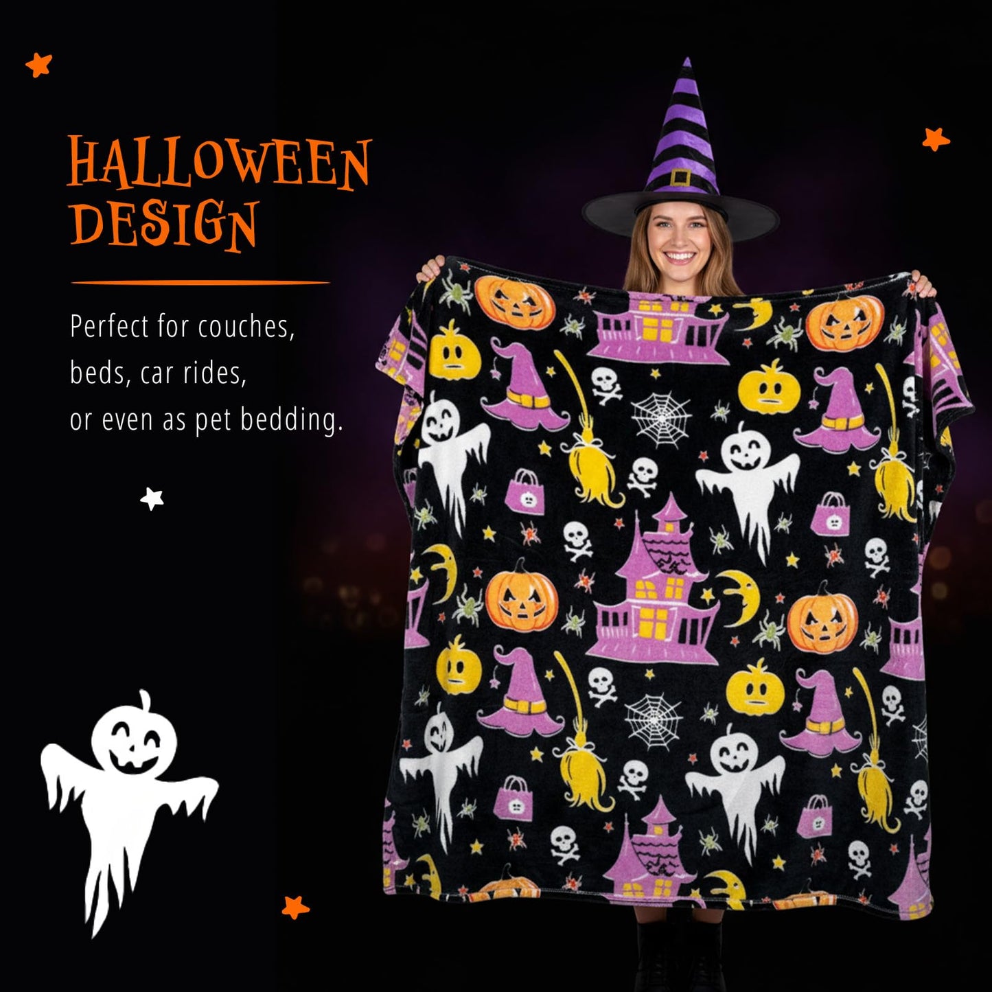 MATICAN Halloween Throw Blanket, 50" x 60" Glow in The Dark, Cozy, Plush Fleece, Midnight Glow Manor, Spooky Design