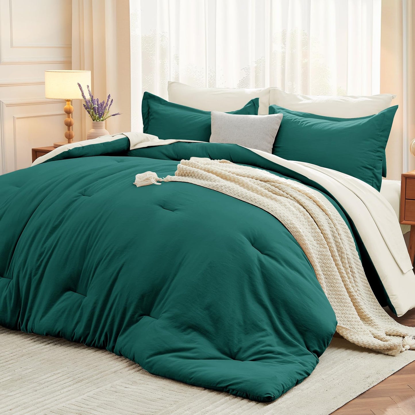 MUXHOMO 7 Pieces King Comforter Set, Soft Bed in a Bag King Size, All Season Bedding Set with Comforter, Flat Sheet, Fitted Sheet, Pillowcases & Shams, Peacock Blue & Ivory