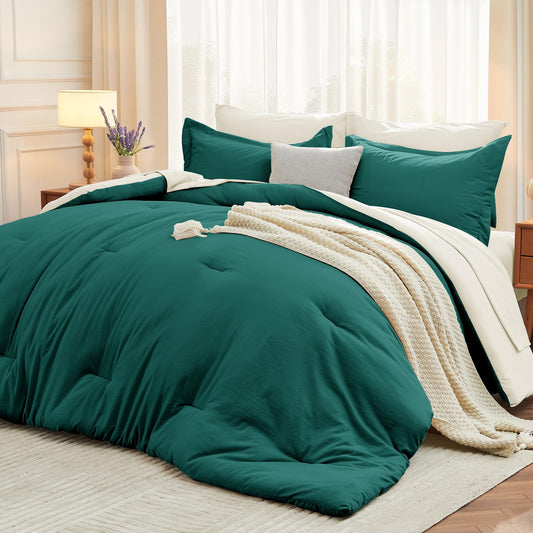 MUXHOMO 7 Pieces King Comforter Set, Soft Bed in a Bag King Size, All Season Bedding Set with Comforter, Flat Sheet, Fitted Sheet, Pillowcases & Shams, Peacock Blue & Ivory