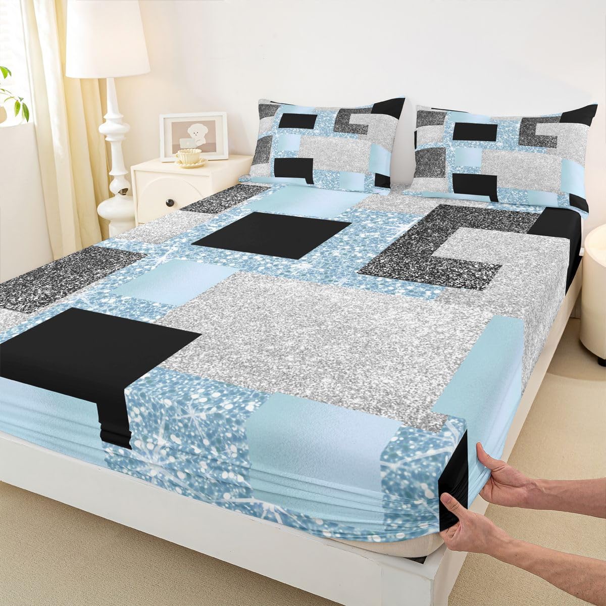 Feelyou Modern Abstract Bed Sheets Set Queen Size Geometric Aesthetic Bed Set for Kids Boys Girls Blue Glitter Deep Pocket Fitted Sheet Breathable Soft Lightweight Microfiber