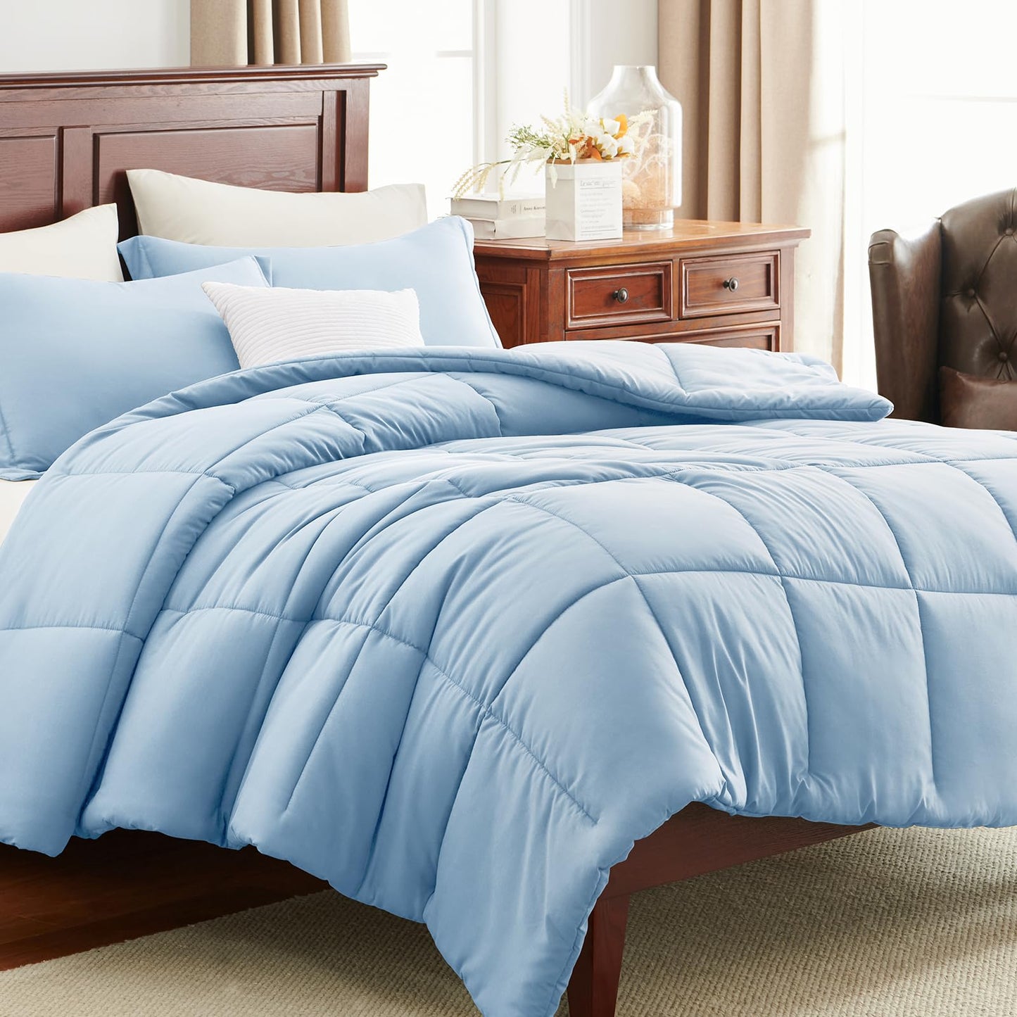 CozyLux Queen Comforter Set - 270GSM Baby Blue Bedding Sets for All Seasons, 3 Pieces Box Stitched Bed Set with 1 Down Alternative Comforter and 2 Pillow Shams, Soft, Lightweight, Breathable
