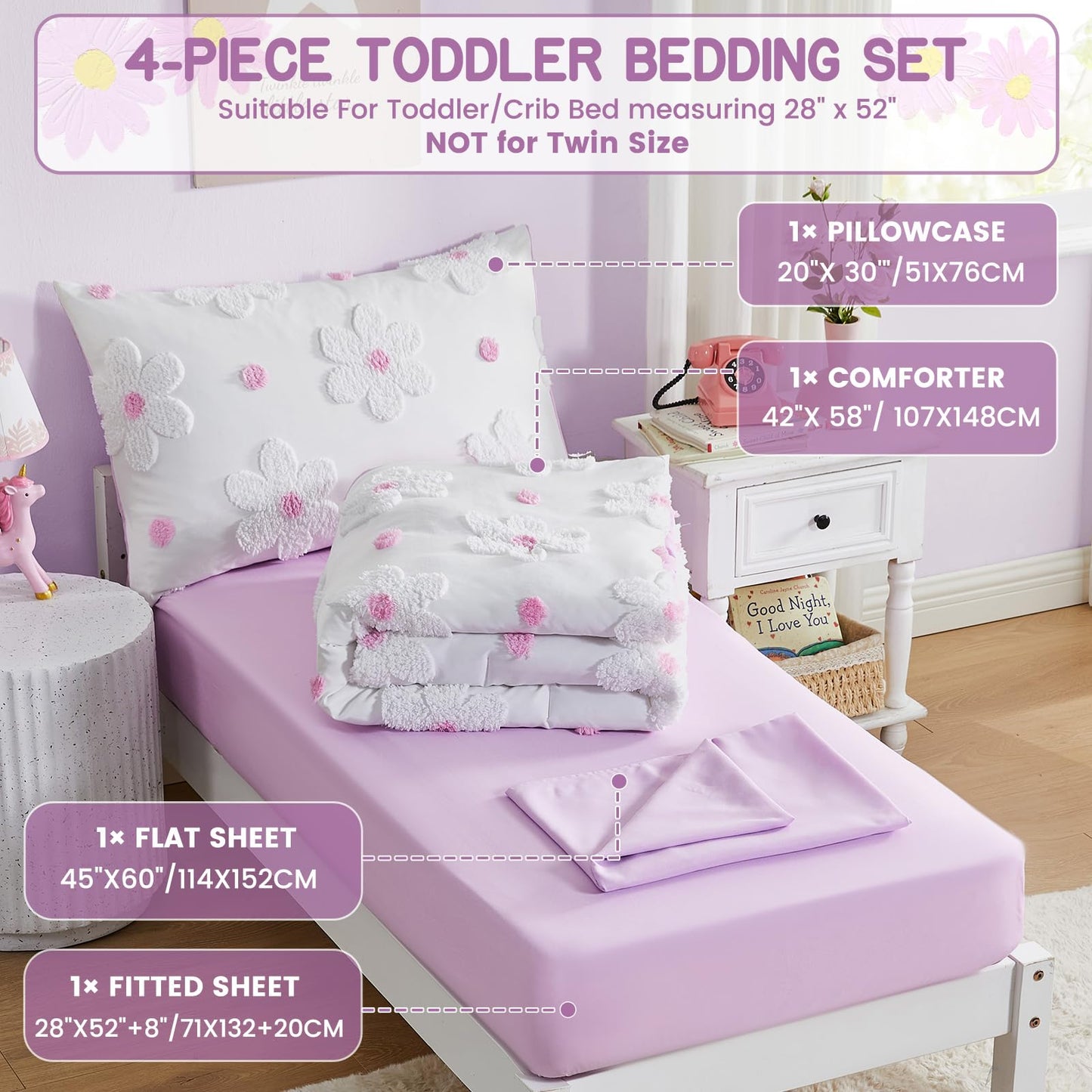 Toddler Bedding Set for Girls 4-Piece Purple Boho Tufted Daisy Flowers Toddler Bed Comforter Set Bed-in-a-Bag Toddler Sheets Bedroom Set with Toddler Comforter, Flat Sheet, Fitted Sheet, Pillowcase