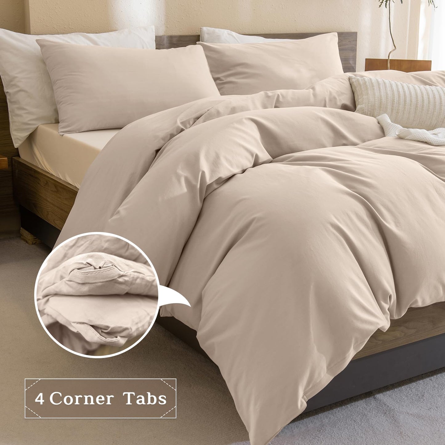 CozyTide King Size Comforter Set,Washed Cotton Boho Bedding Comforter Set Soft Lightweight Fluffy Aesthetic Bedding Set 3 Pieces(1 Beige Khaki Comforter and 2 Pillowcases)