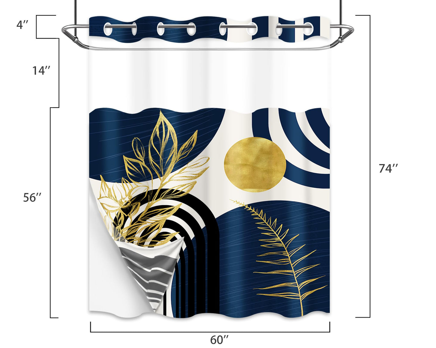 Boho Mid Century Modern Hookless Shower Curtain with Snap in Liner, Navy Blue and Gold No Hook Double Layer Shower Curtains and Liner Set, Waterproof Cloth Fabric, 60" W X 74" L