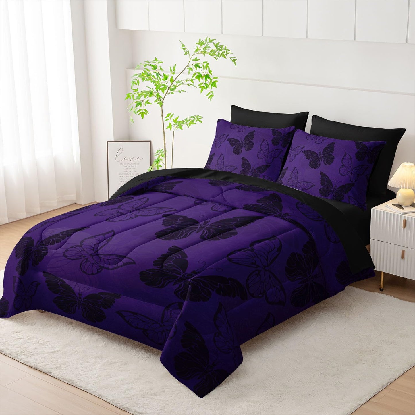 Smell Sunshine 7pcs Purple Butterfly Comforter Set Black Purple Printed Bedding Set with 1 Comforter, 1 Flat Sheet, 1 Fitted Sheet and 4 Pillowcases for Boys and Girls Bedroom (Butterfly-5 Twin