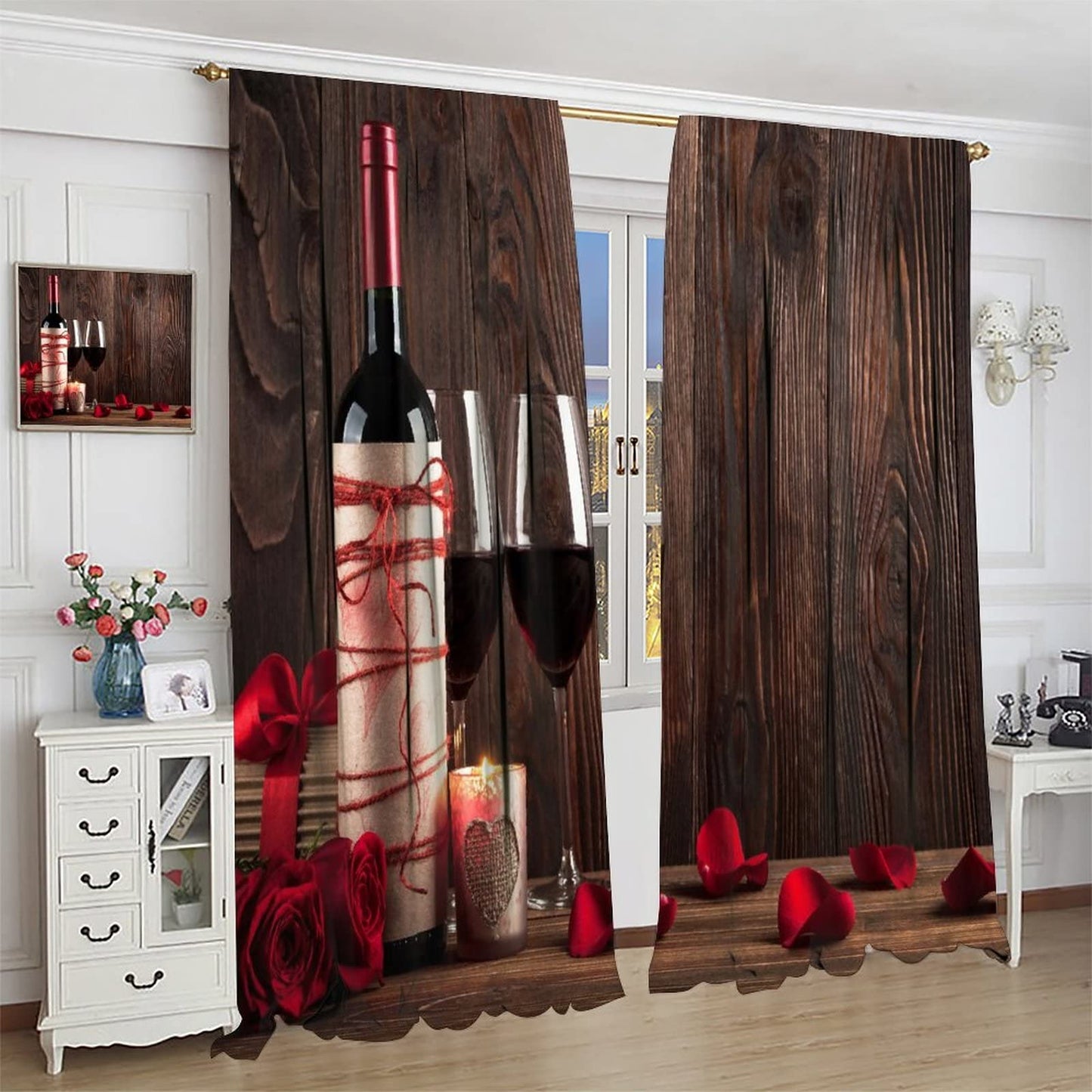 Red Rose and Wine Blackout Curtains, Red Wine Glass and Rose on Old Rustic Wood Window Drapes Rod Pocket Curtains, for Kitchen Living Room Bedroom 42x45in 2 Panels