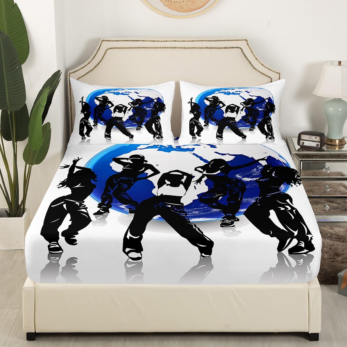 Manfei Hip-hop Sheet Set Dancing People Silhouettes Print Fitted Sheet Musical Theme Bedding Set 2pcs for Kids Boys Soft Polyester Bed Sheets (1 Fitted Sheet + 1 Pillow Case) Twin Size