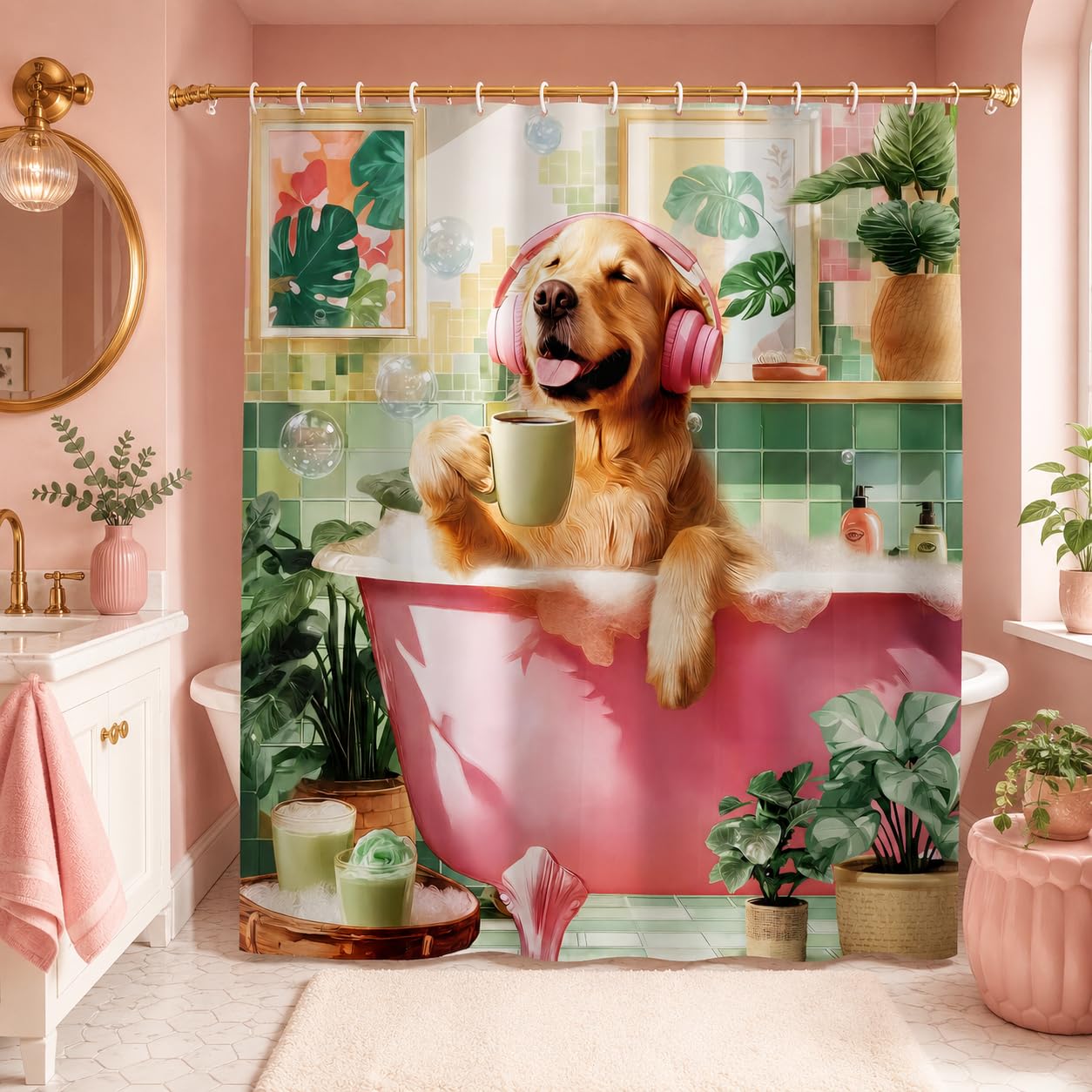 Aeivice Funny Dog Shower Curtain, Kids Cute Fun Pet Shower Curtains Set, Boho Unique Aesthetic Tropical Leaves Animal Polyester Fabric Shower Curtains for Bathroom with Hooks 72X72IN Pink Green