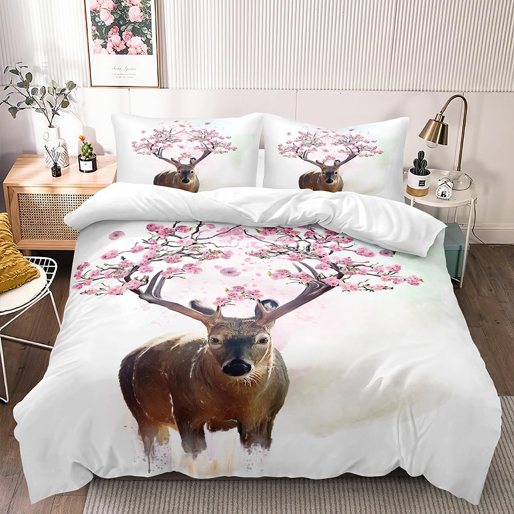 Holiyjog Deer Duvet Cover Set King Size Animal Comforter Cover and Pillow Shams Pink Floral Bedding for Gilrs Aesthetic Bed Set Decor