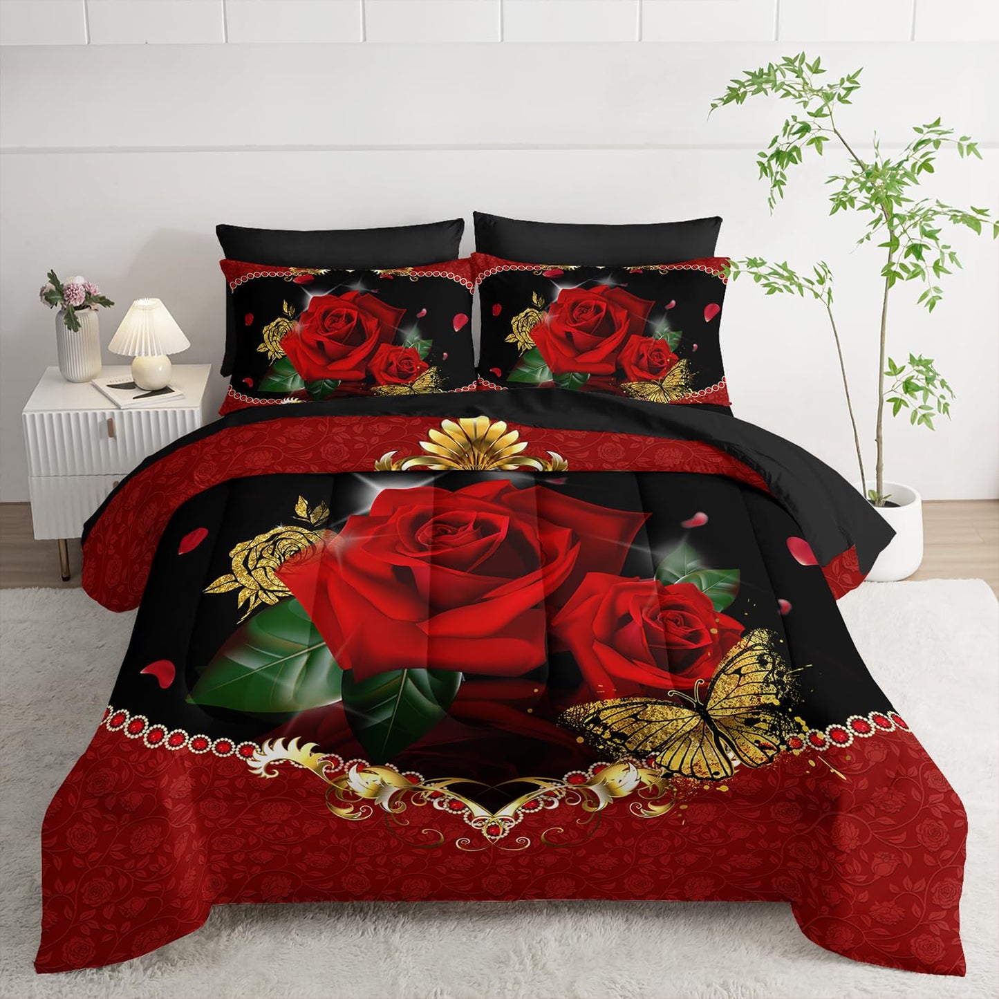 AILONEN 3D Oil Painting Red Rose Comforter Set Full Size,7-Piece 3D Rose and Butterfly Pattern Bed in a Bag,Comforter & Fitted Sheet with Flat Sheet & 2 Pillowcases,2 Pillow Cases for Bedroom