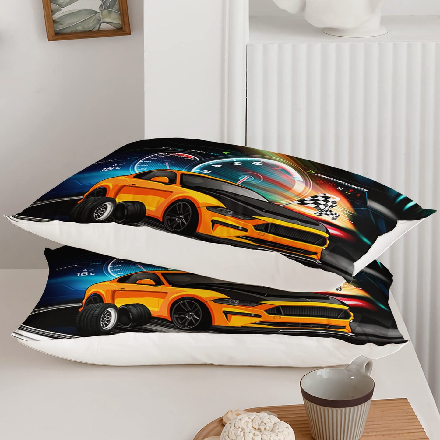 Axolotl Race Car Bedding Set Twin Size, Boys Extreme Sports Comforter Set for Kids Boys Car Racing Gifts, Yellow Cool Comforter Sports Quilt Set 1 Quilt with 2 Pillowcase