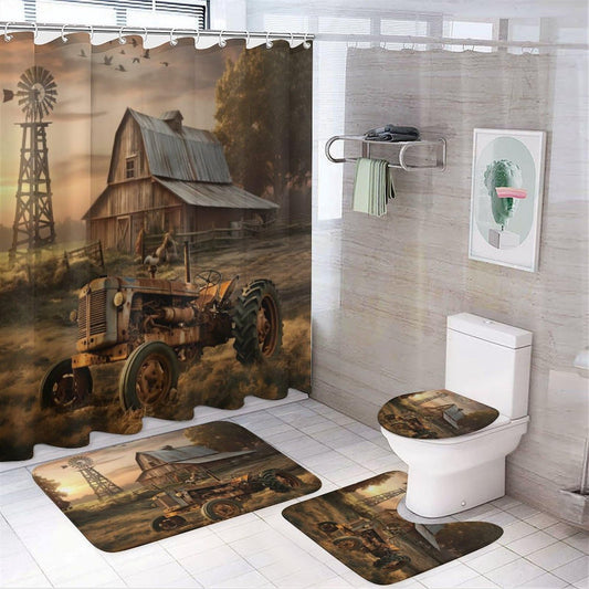 FBMLBRB 4 Pcs Vintage Watercolor Old Tractor Shower Curtain 12 Hooks, Oil Painting Western Farmhouse Harvest Farm Sunflower Tractor Bathroom Set Shower Mat Shower Curtain Rug