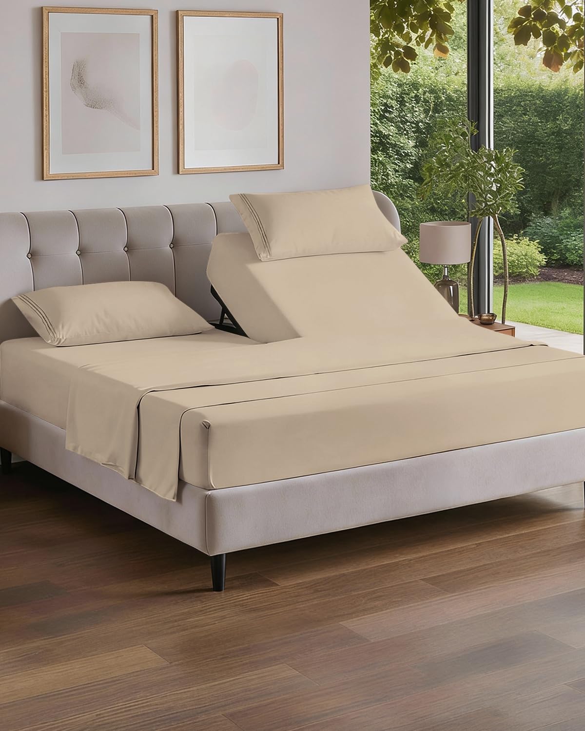 Flex Top Split Head King 4 Piece Sheet Set - Ultra-Soft, Breathable & Cooling Bed Sheets Set - Hotel Luxury Bedding for Women & Men with Deep Pockets - Wrinkle Free & Fade Resistant - Oeko-Tex - Wheat
