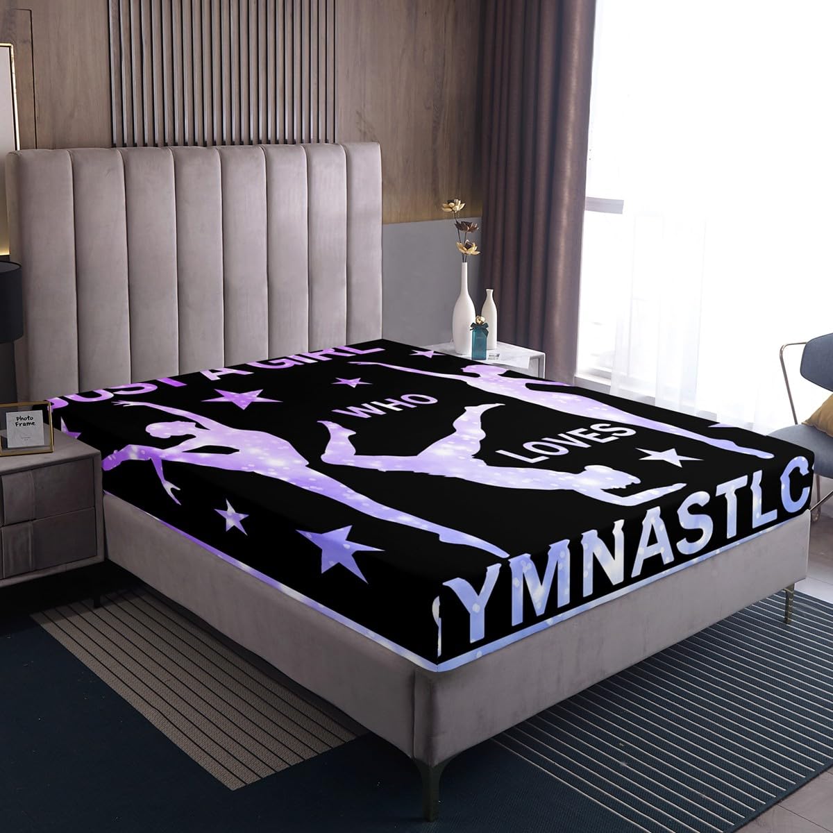 Gymnastics Fitted Sheet Girls Gymnastics Lovers Bed Sheet Set for Daughter Girls Kids Gymnast Sports Decor Bedding Set Purple Glitter Bed Cover Bedroom (No Flat Sheet) Twin Size
