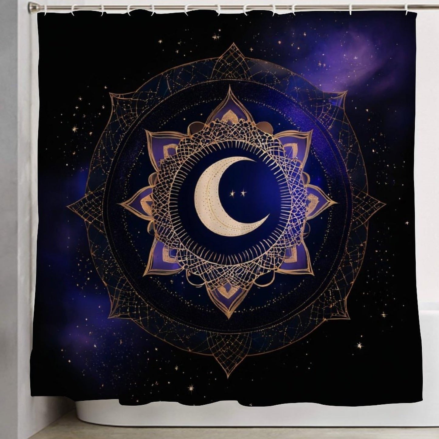 100% BLUE COLLAR Fashion Curtain Bathroom Decorative, Sacred Geometric Symbol Purple Space Galaxy Stars Mystic Sun Moon 72" x 70" Shower Curtain with Hooks