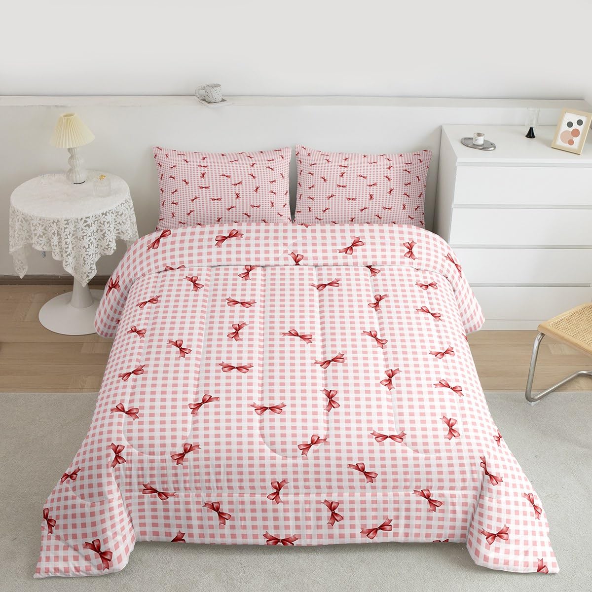 Erosebridal Girls Bow Comforter Set Pink Buffalo Plaid Full Size Bedding Sets | Cute Ribbon Bowknot Comforter Kawaii Grid Lattice Bow Tie Bed Set