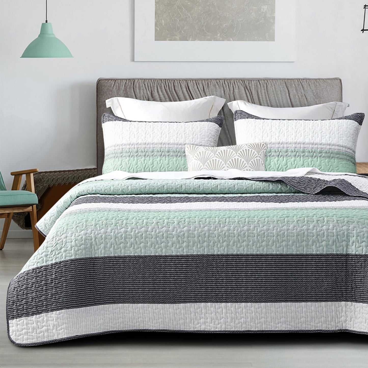 DURLENGEN Quilt Set King Size 3Pcs,Soft Microfiber Lightweight Bedspread,White & Green Striped Geometric Pattern Coverlet for All Season Layering(King 106x96,Mint Green)