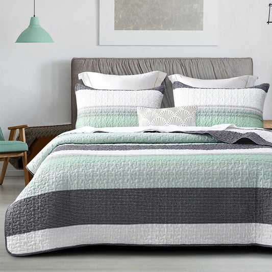 DURLENGEN Quilt Set King Size 3Pcs,Soft Microfiber Lightweight Bedspread,White & Green Striped Geometric Pattern Coverlet for All Season Layering(King 106x96,Mint Green)