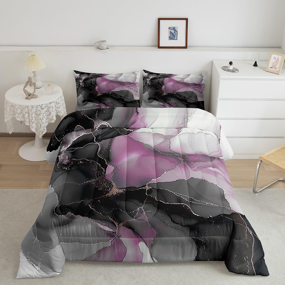 7 Pieces Girls Black and Pink Bedding Comforter Sets Modern Marble Bed in a Bag, Gold Metallic Full Bedding Sets Chic Foil Print Comforter Set, Abstract Mountain Fluid Bedding Sets & Collections